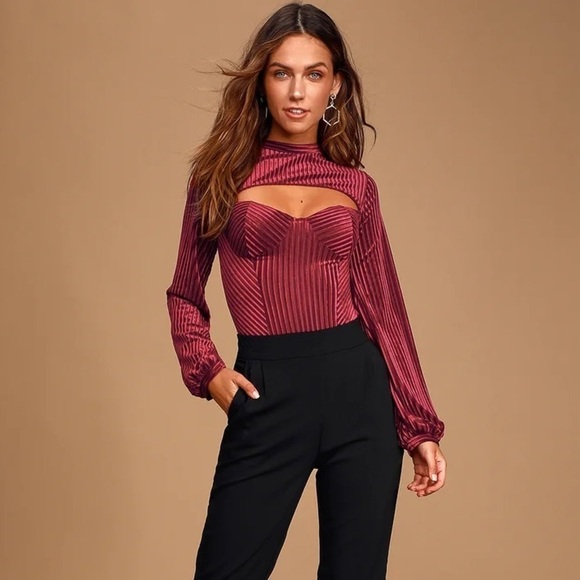 NEW Lulus Women’s Always Alluring Velvet Striped Bodysuit Cutout Burgundy Small - Picture 1 of 7